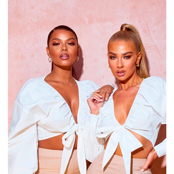 PrettyLittleThing Plus White Tie Front Ruched Blouse US Size 18 NWT - Picture 4 of 7